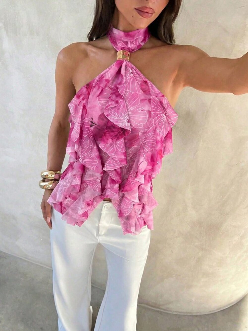 Multicolor Casual Women's Multi-Layer Ruffle Trim Stand Collar Fitted Tank Top - Picture 3 of 7